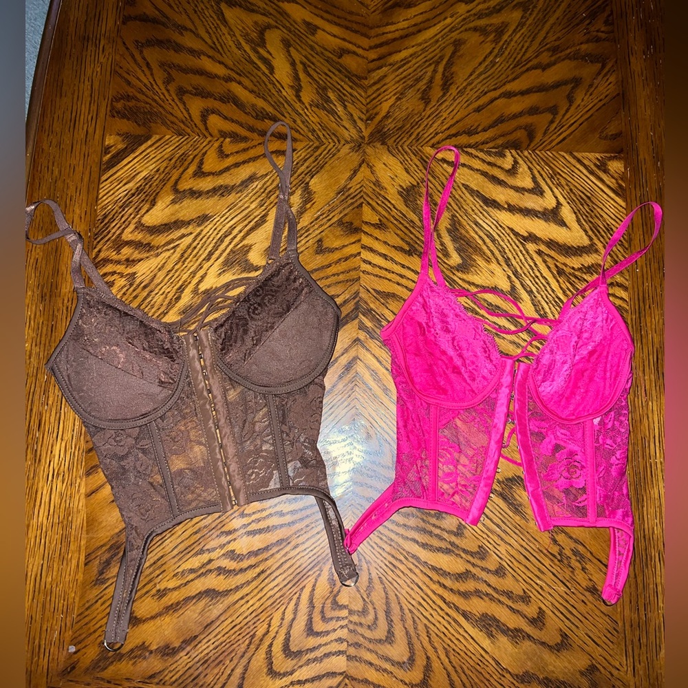 2 pack lace up corset tops, both size small, pink and brown